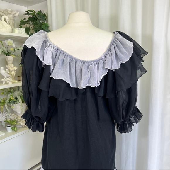 Vintage 80s Black and Silver Ruffle Cotton Gauze Mini Dress - Picture 14 of 16